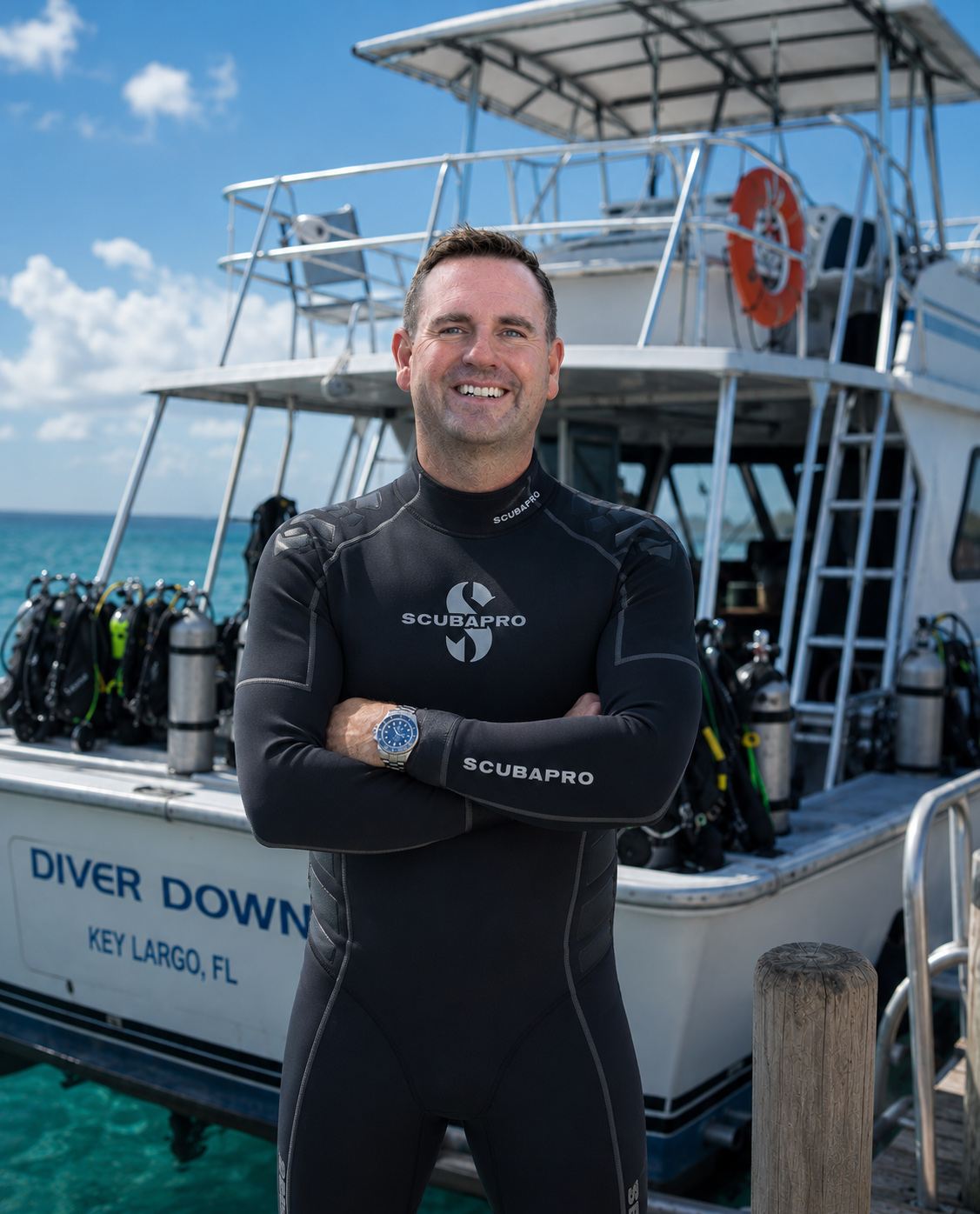 Scuba diver wearing a watch beside a dive boat