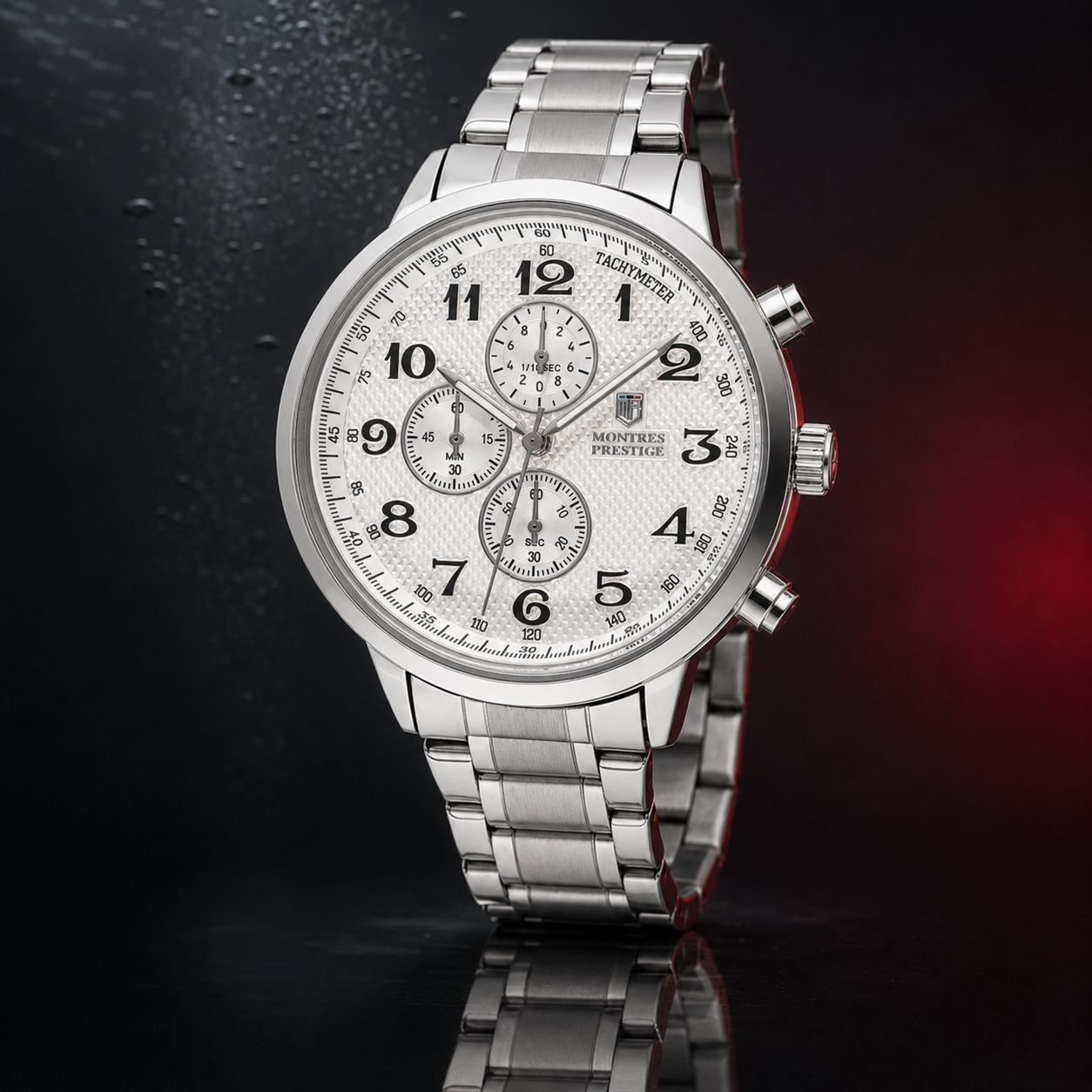 Montres Prestige Men's Quartz Chronograph Tachymeter Watch, White , SS MPW-0321