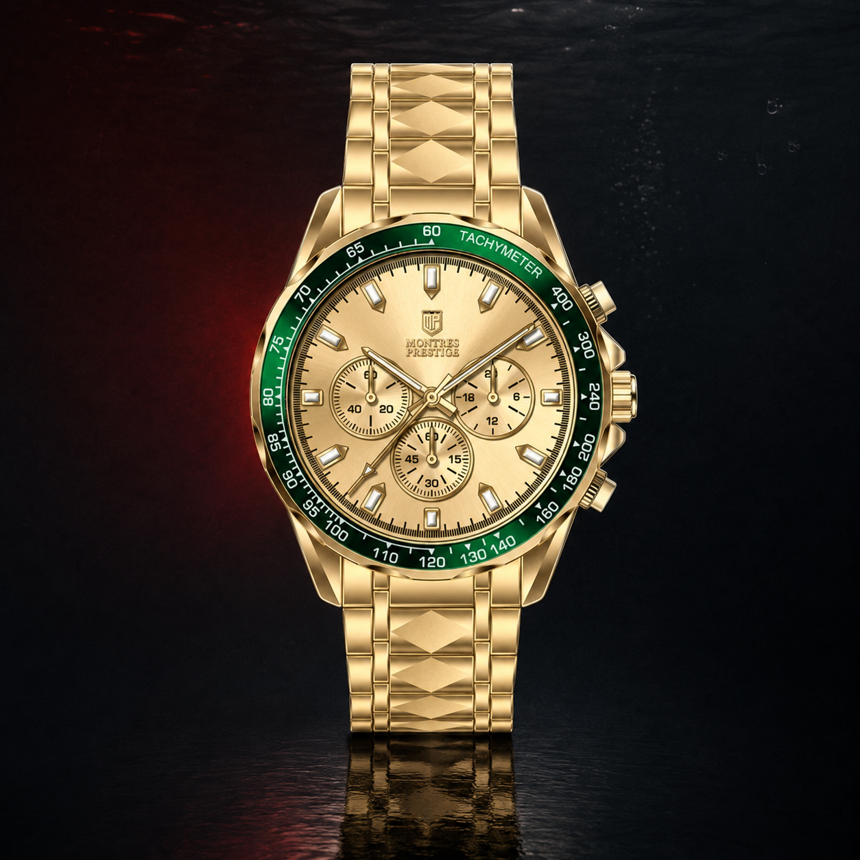 Montres Prestige X Mens Gold Quartz Chronograph Green Bezel Bracelet 45 Mm NIB
