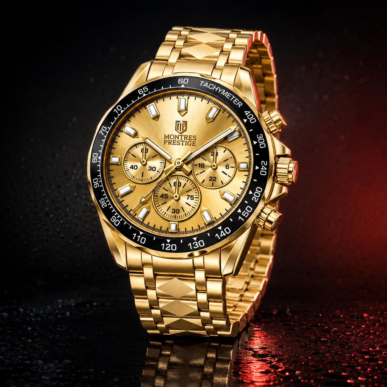Montres Prestige MPW0342 44mm Gold Tone Quartz Flame Fusion Men's Watch NEW